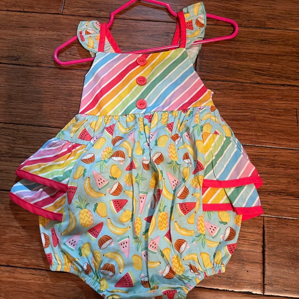 Ruffle Butts Colorful Striped Fruit Print Baby Romper Bubble with tiered ruffle